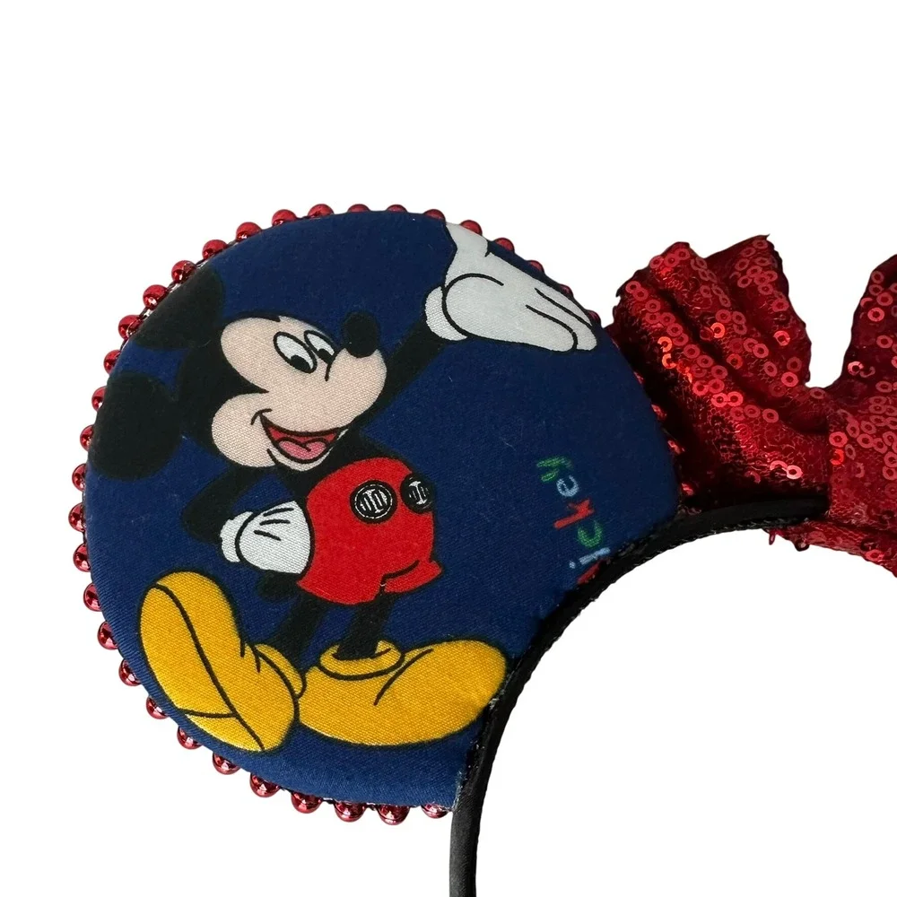 Mickey Mouse Ears Headband Red Sequin Bow Blue Character Print Disney Accessory